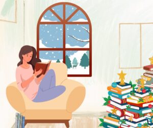 woman sitting in a chair by a window where it is winter outside. She is reading and there are books everywhere